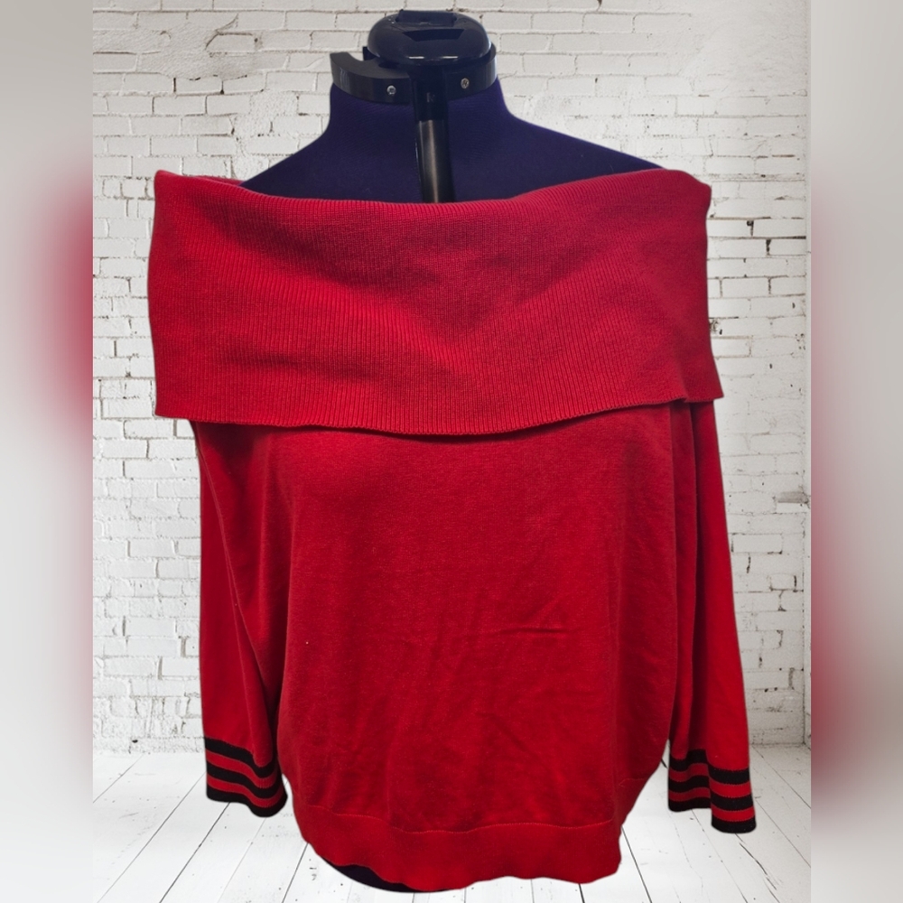 NWT Tommy Hilfiger Off the Shoulder Red & Navy Sweater Plus Size 3/4 Sleeve